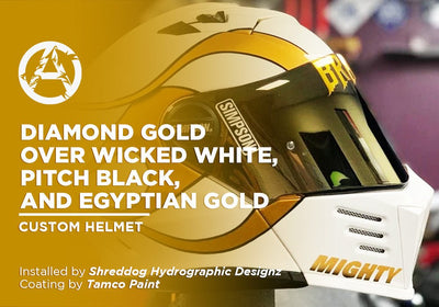 DIAMOND GOLD OVER WICKED WHITE, PITCH BLACK, AND EGYPTIAN GOLD | TAMCO PAINT | CUSTOM HELMET